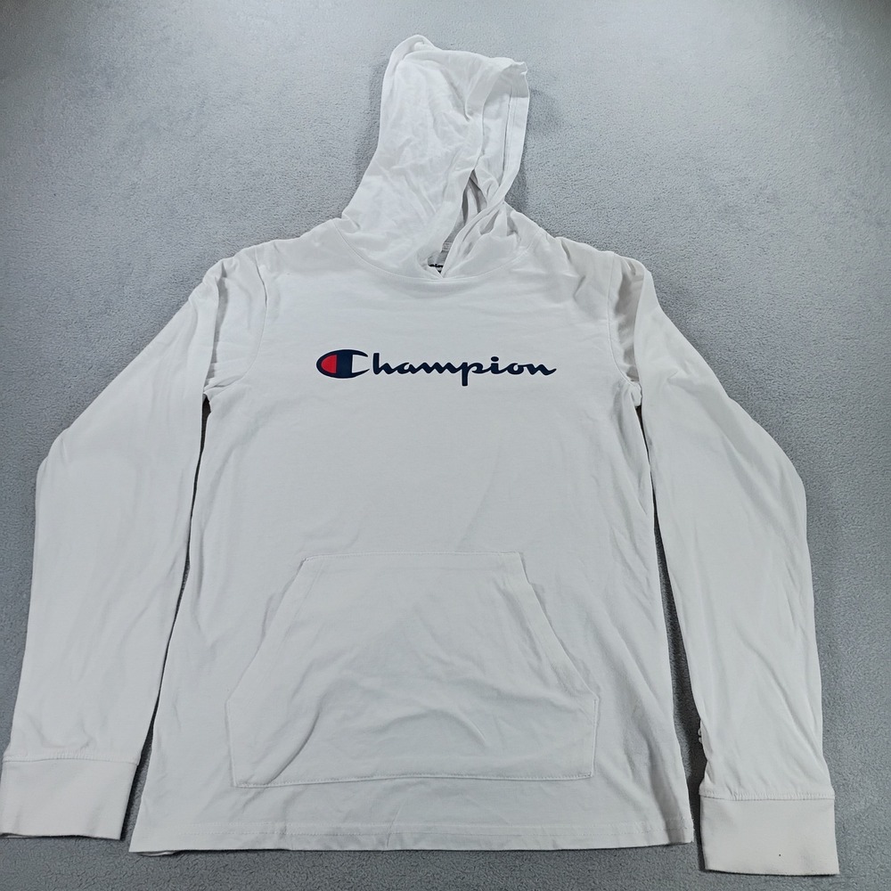 Champion Mens Lightweight Jersey Hoodie White XL Logo Graphic Pocket